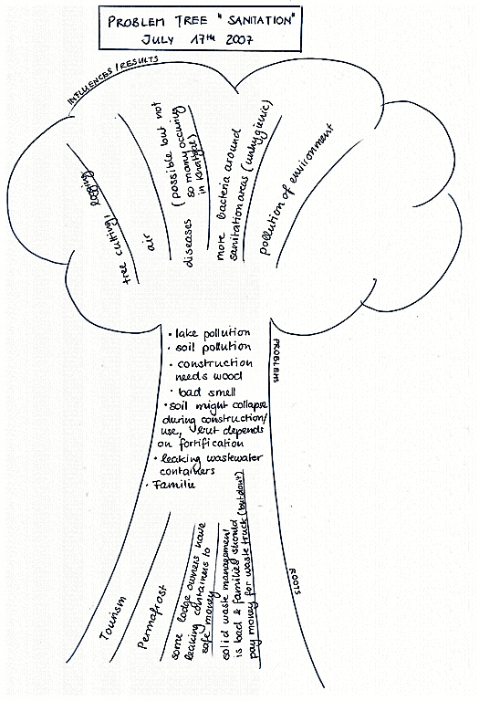 Example of a problem tree on sanitation, as drawn by the Khatgal Community in Northern Mongolia. The “roots” of the tree show the roots of the problems, the stem is dedicated to the problems themselves and the crown shows the consequences of these problems. Source: CONRADIN (2007)