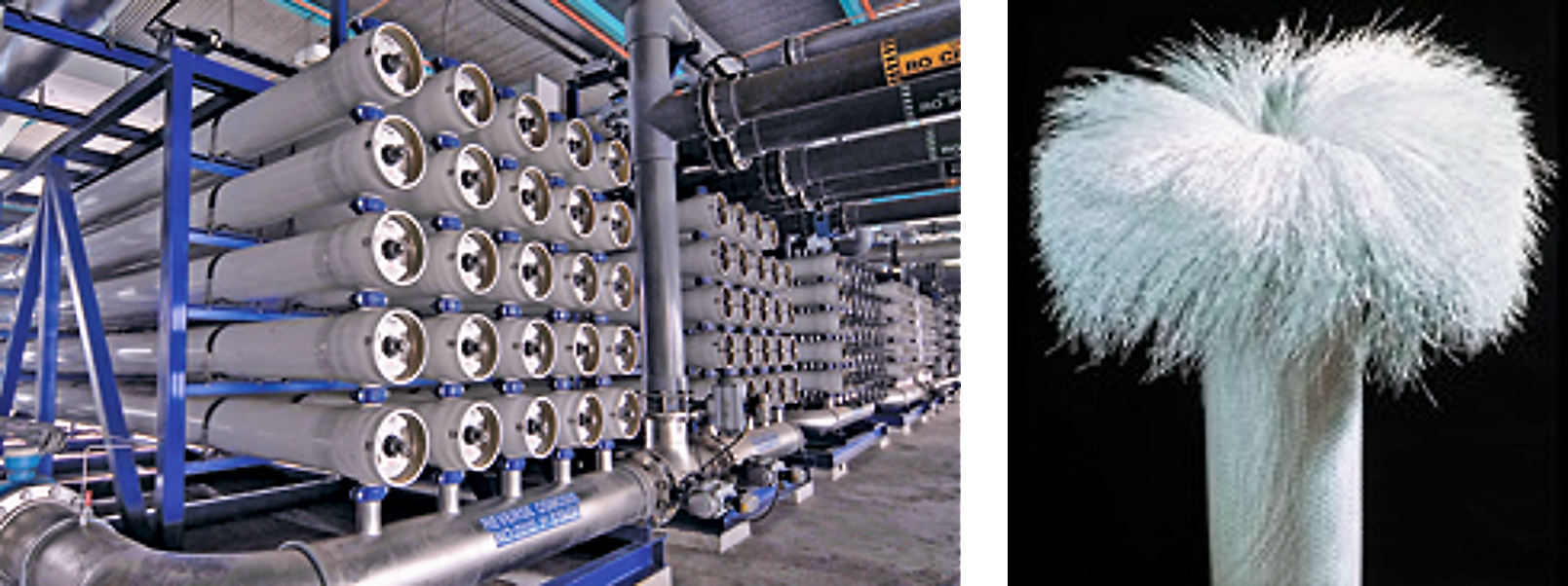 Photography of membrane modules used for water treatment (left) and hollow fibres (right). Source: Reisch (2007)