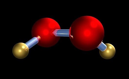 Computer model of a molecule of hydrogen peroxide: hydrogen (red) and oxygen (gold). Source: SCIENCE PHOTO LIBRARY (n.y.)