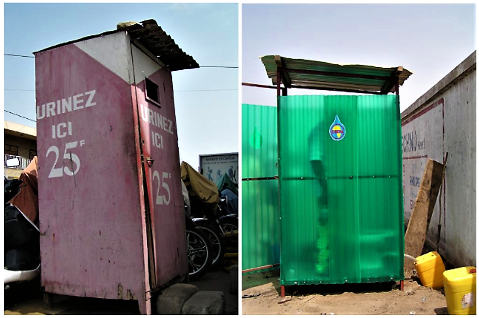 Public toilets collecting urine in Lomé, Togo. The collected urine is transported in jerry cans to an experimental agricultural site where it is stored and reused. Source: SPUHLER (2007) 