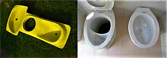 Left: Urine-diversion squatting pan with anal cleansing water collection bowl (made from fibre-reinforced plastic). Source: WAFLER (2010). Right: Ceramic urine-diversion pedestal with separate bowl for collection of anal cleansing water. Source: UNESCO-IHE (n.y.) 
