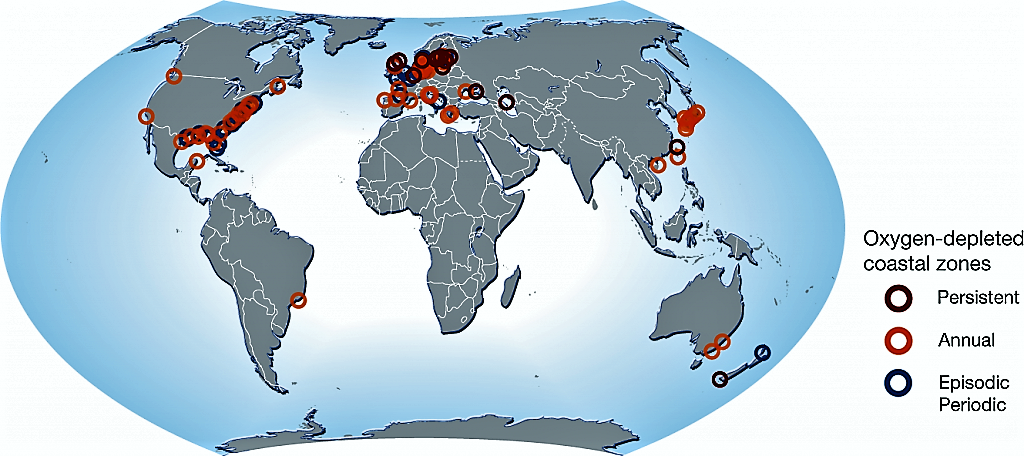 Sites with dead zones, February 2008. As visible on the picture, the problem is crucial In particular in the so called "developed countries" in North America and Europe - where sewer-based wastewater management is common. Source: AHLENIUS (2008)