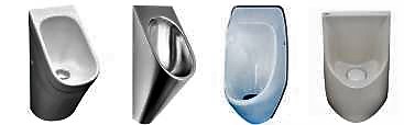 Various designs of water-less urinals. Source: caroma.com, franke.com, urimat.com, waterless.com