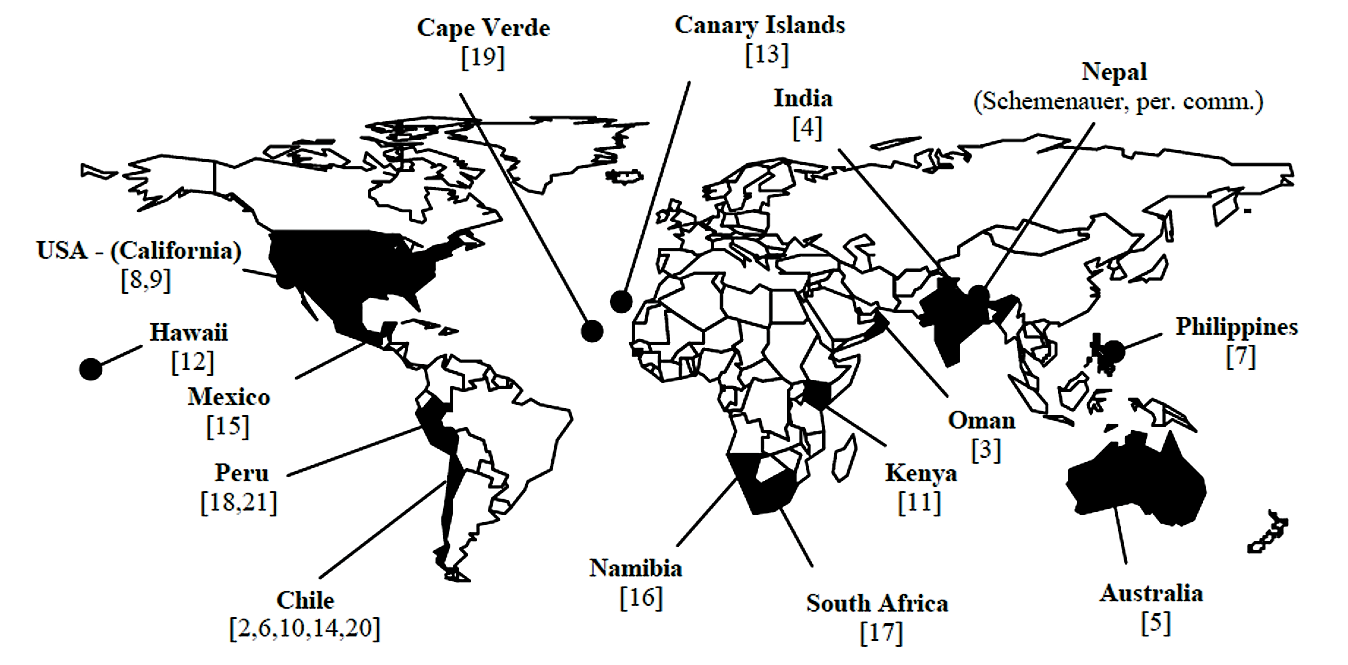 Countries where fog harvesting studies have been conducted