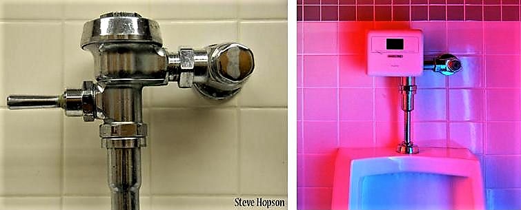Left: A flush handle, which is installed directly above the urinal, is a common but not a very hygienic technique. Right: The electronic movement detector is the most valuable solution. It only flushes when the urinal was used and the user doesn’t have to touch anything. Source: HOPSON on Flickr (2007) and WIKIPEDIA (2011)