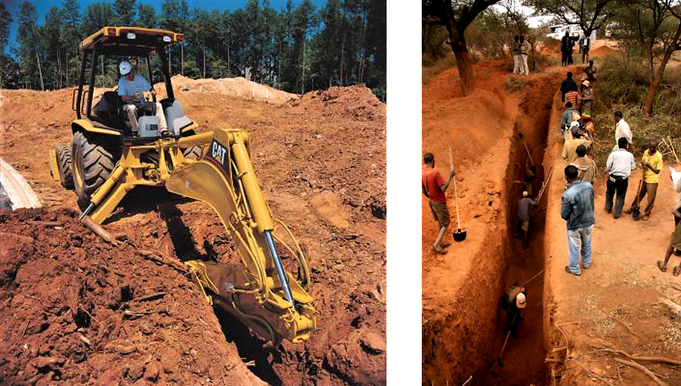 A hydraulic backhoe excavates a trench (left) and people at work (right). Source: HOWSTUFFWORKS (2012)
