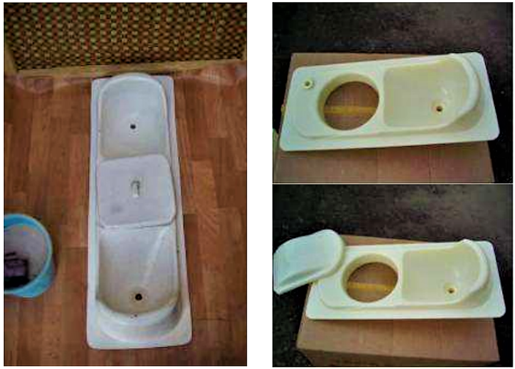 Left image: UDDT squatting pan (TSMP Burkina Faso), with three holes: the area in the front is for anal washing, middle is for faeces and back is for urine. Right image: Porcelain UDDT squatter with two holes (Liuzhou Hanhui Ecosan Equipment Co., China). Source: MUENCH (2010)          