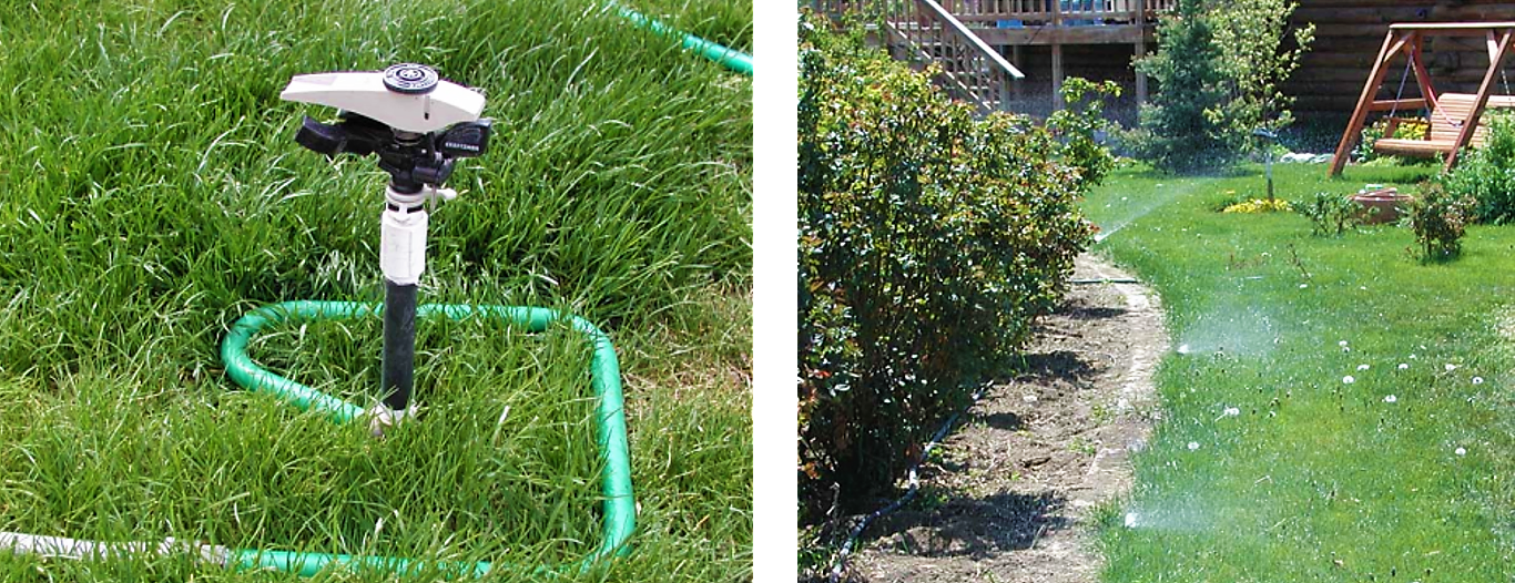 Left: Portable impact sprinkler head connected to a garden hose. Right: Pop-up half circle spray heads fed by a subsurface hose. Source: NEIBLING and ROBBINS (n.y.)