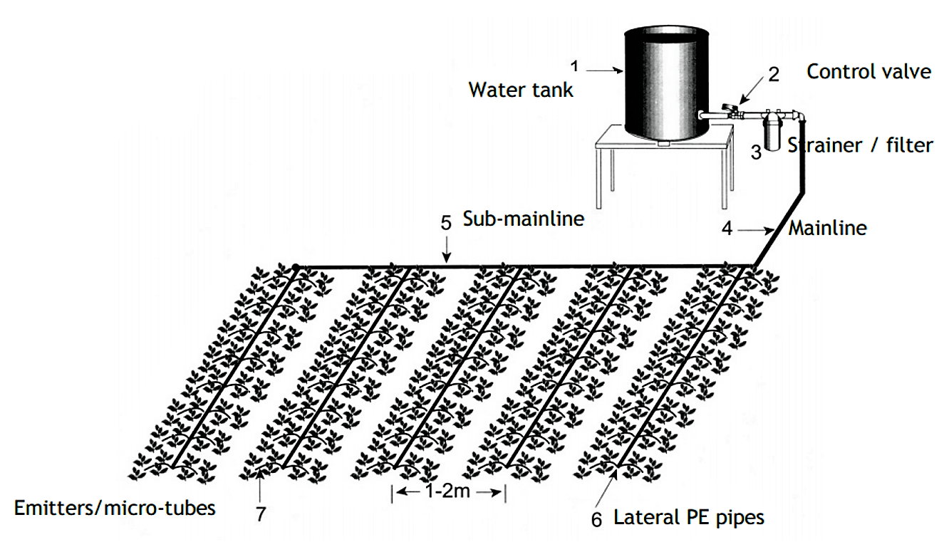 Schematic design of a low-cost drip irrigation system. Source: (RCSD 2008)  
