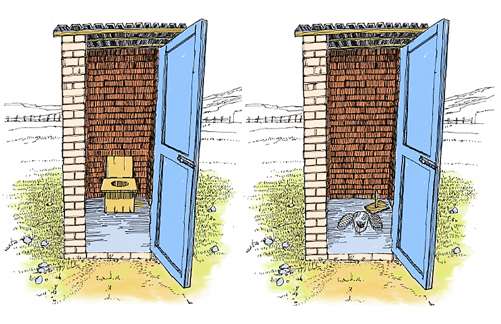 The dry toilet may be a raised pedestal on which the user can sit (left picture), or a squat pan over which the user squats (right picture). Source: Reed (2012)