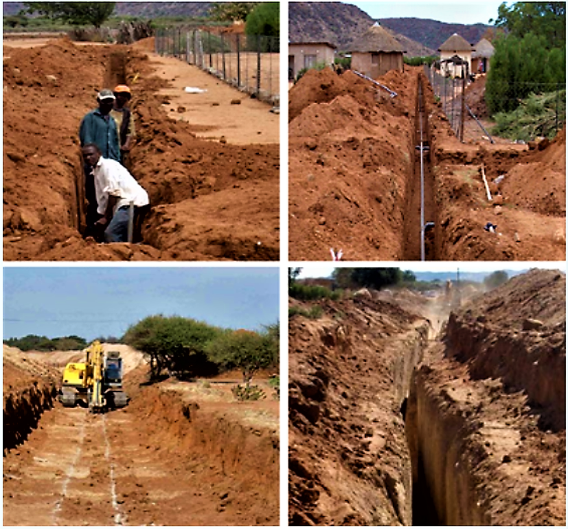Local workers at construction of a shallow vacuum sewer system (above) and excavation of gravity sewer trenches with heavy machinery. Source: ROEDIGER (2007)
