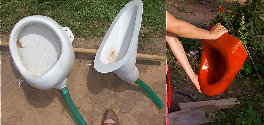 Low-cost water-less urinal made out of fibreglass (model for men and women) and concrete. Source: SPUHLER (2007)