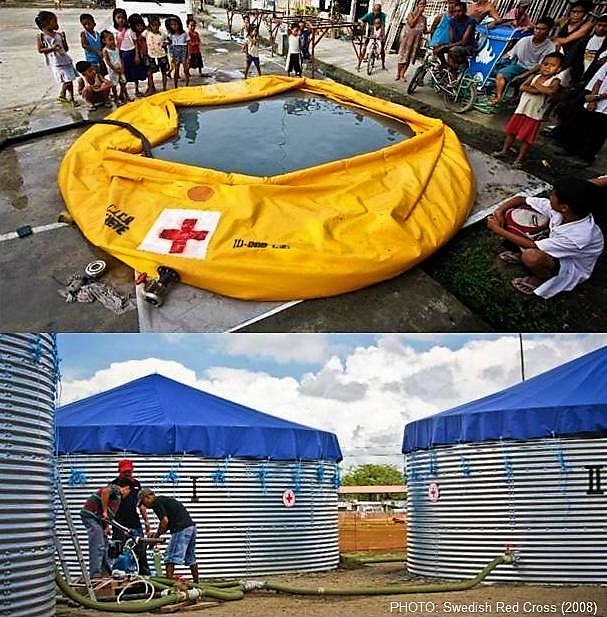 International Red Cross Water and Sanitation Emergency Response Unit (ERU), consisting of anonionic tank for settlement supported by coagulation/flocculation (top) followed by bulk storage tanks with chlorine disinfection (below). Source: SWEDISH RED CROSS (2008) 