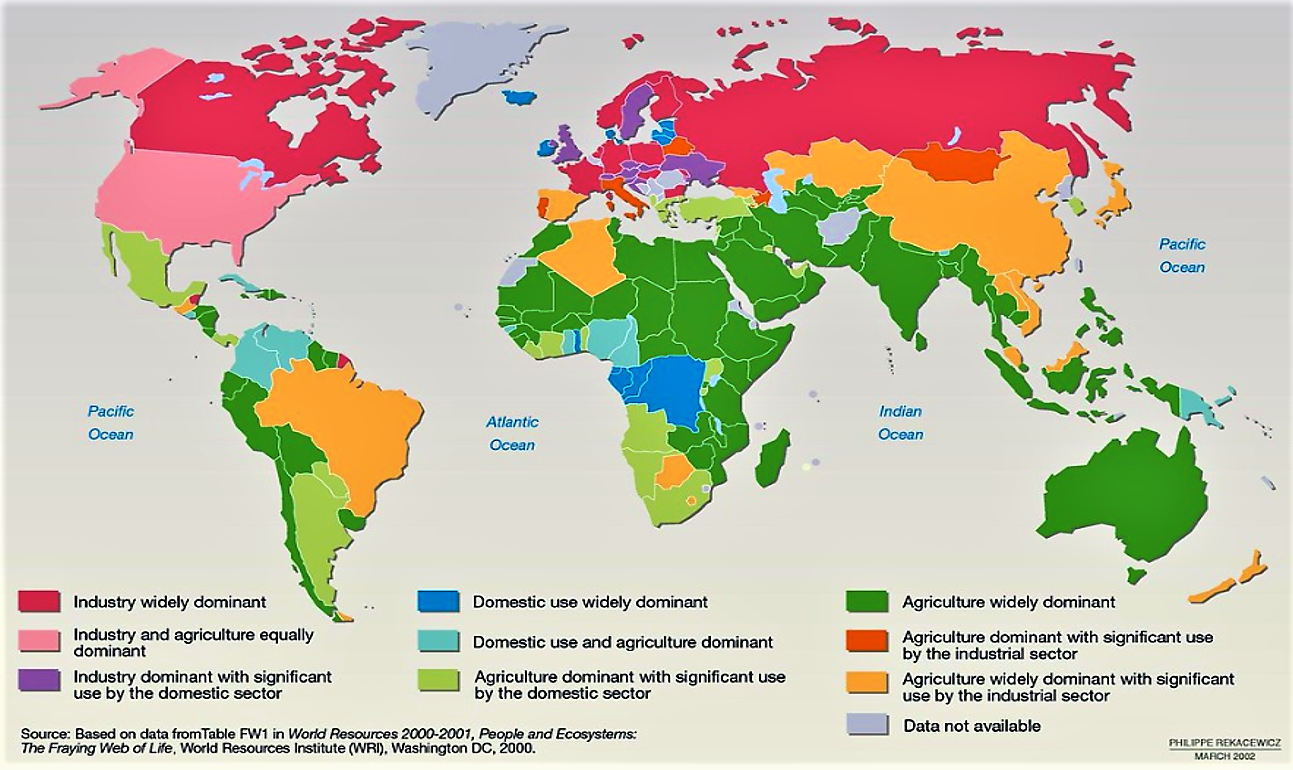 Global freshwater withdrawal - Country profile based on agricultural, industrial and domestic use. Source: UNEP (2002)