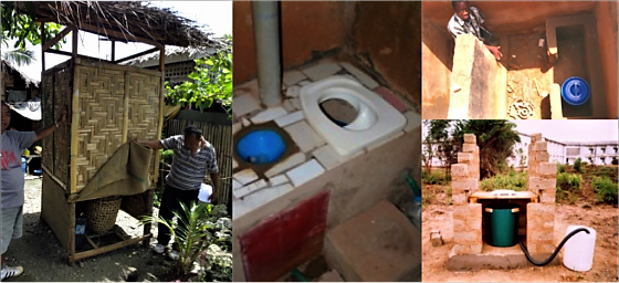 Left: Low-cost, single-vault urine-diversion dehydration toilet in Libertad, Misamis Oriental, Philippines. Source: WAFLER (2010). Centre and top right: Construction of a single-vault UDDT in Burkina Faso. Source: CREPA 2007. Bottom right: single-vault urine-diversion dehydration toilet under construction in Zambia. Source: CREPA (2007).