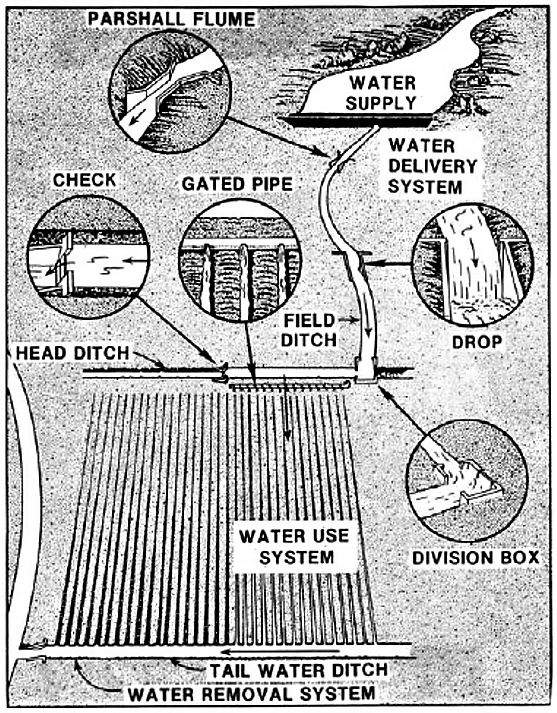 Typical elements of a surface irrigation system. Source: WALKER (2003)