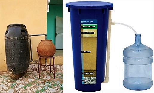 Plastic version of biosand filter connected to traditional water storage recipient (canari). Source: left: WORLD NEWS INC. (n.y.); right: HYDRAID (n.y.)