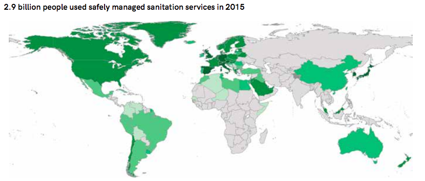 Worldwide use of improved sanitation facilities in 2015, putting highlights on the urgency of sanitation improvements in Southern Asia, Sub-Saharan and Central Africa. Source: UNICEF & WHO (2017)